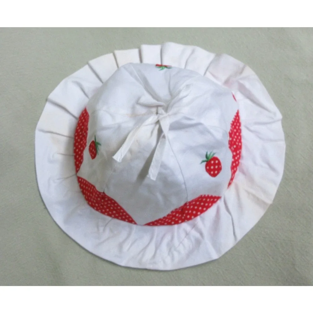 6-12 mo Vintage Strawberry Bucket Sun Hat w/ Pleated Rim & Bow